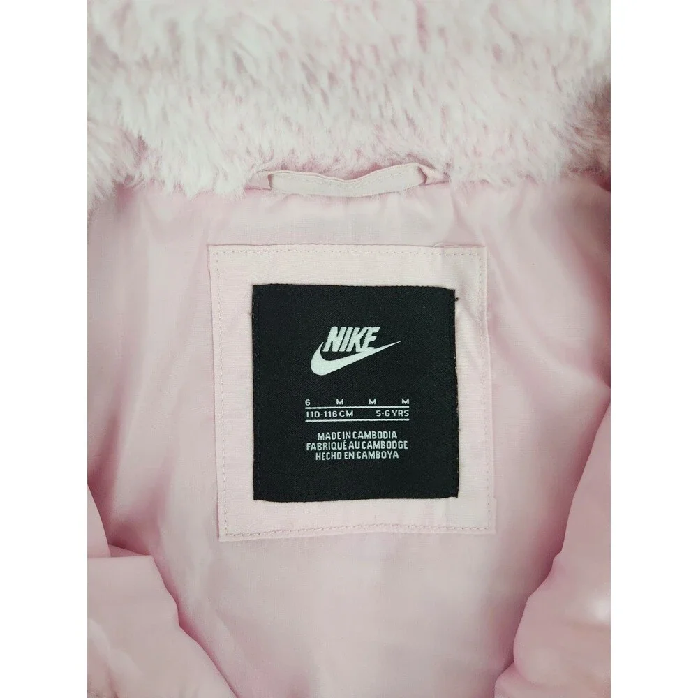 Nike Girls Faux Fur Fuzzy Swoosh Bomber Jacket Pink Size 5-6 Medium